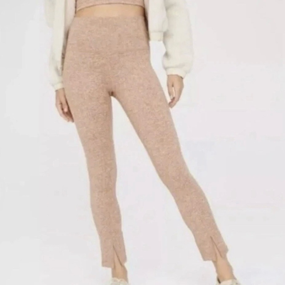 AERIE Offline Heather Hugger High Rise Leg Slit Leggings Size M Brown Tan